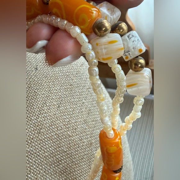 Millefiori Cube & barrel Cream Mustard Orange Art-glass & Seed Bead Necklace - Picture 11 of 14